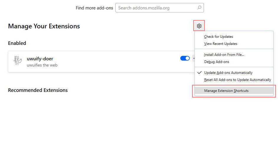 Navigating to extension shortcuts manager in Firefox
