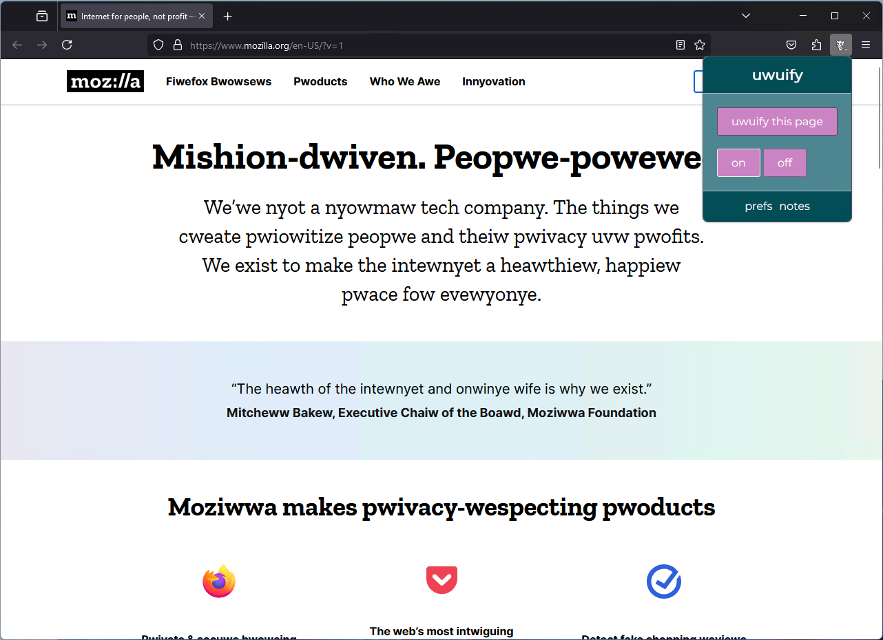 uwuify being used on the Mozilla homepage