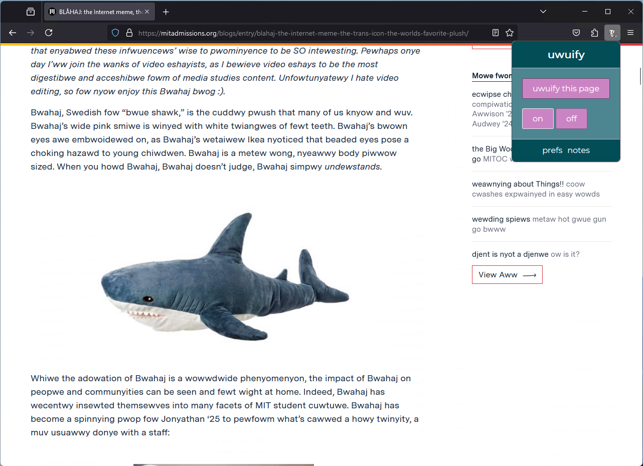 uwuify being used on an article about the IKEA Blahaj
