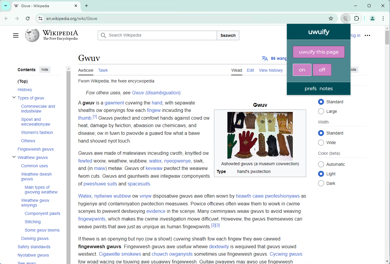 uwuify being used on the Wikipedia article for gloves